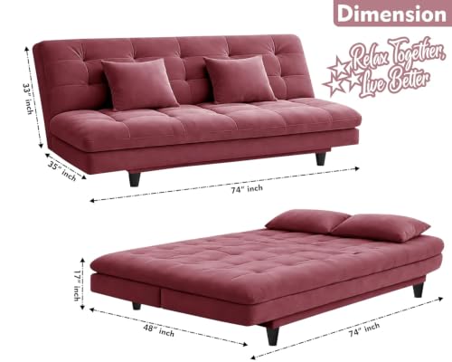 Image of Rosebell Modern Wooden 3-Seater Sofa Cum Bed Foldable Velevt Fabric Sofa for Living Room, Guest Room & Office-Rose Pink-Color