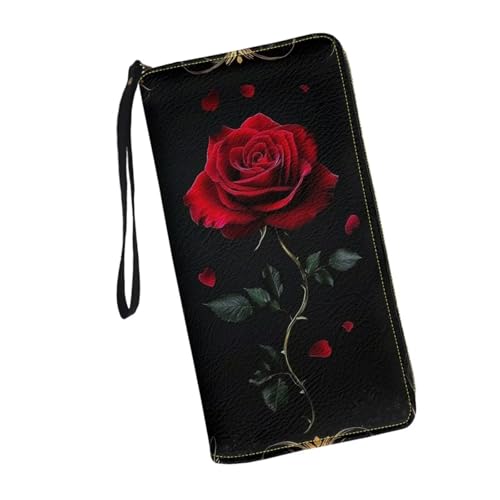 Red Rose Wallets for Women with Money Clip Card Holder Clutch Bag Zipper Long Purse Wristlet Organizer