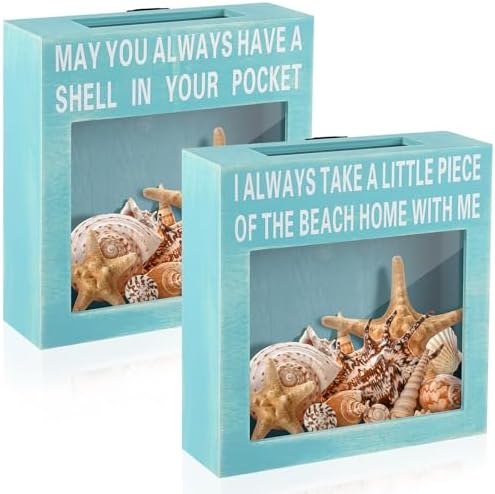 Juexica 2 Pcs Seashell Holder Seashell Display Box Beach Room Decor Ocean Themed Gifts for Sea Shell Coastal Decor Acrylic Wall Hanging Display Case(Blue,Piece of The Beach with Me)