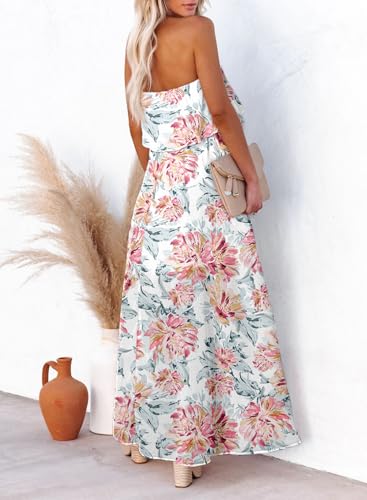 Image of Dokotoo Womens Strapless Dresses Casual Side Split Flowy Boho Maxi Dress | High Waist,Off The Shoulder,Wedding Guest,Bohemian,Beach Vacation Clothes,Floral Print,Sundresses,Casual