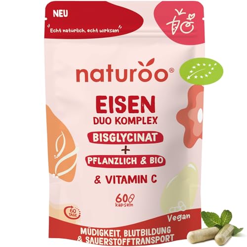 Bio Eisen Duo Komplex : 100% Natürlich & Hochwertig | 60 Kapseln vegan hochdosiert für 2 Monate | Eisenbisglycinat + Bio-Curryblatt-Extrakt mit Vitamin C & B2, für Männer und Frauen