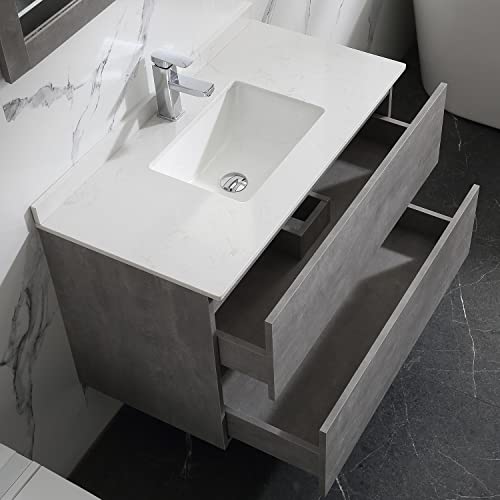 Walsport 36" Bathroom Vanity Wall Mounted Floating Vanity Two Drawers Grey Storage Cabinet With Ceramic Vessel Sink Chrome Faucet Combo Water Barrier And Mirror #TOP4