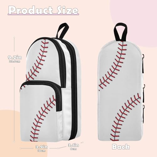 Image of ZAZYXTJ Baseball Texture Standing Large Capacity Pencil Case 3 Compartment Pen Pouch Storage Canvas Makeup Bag for School Office Teen Girl Boy Men Women