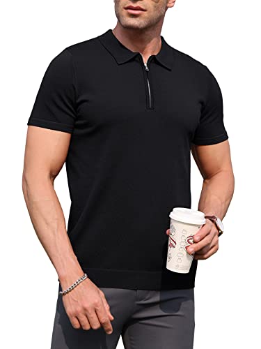 RQP Mens Zipper Polo Shirts Knit Casual Shirts Short/Long Sleeve,Stretch Slim Fit Golf Shirts,Soft Pullover2