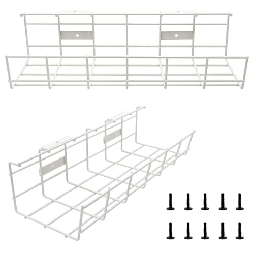 COYACOOL Under Desk Cable Tray - 2 Pack Cable Raceway for Wire Management. Metal Wire Organizer for Office, Studio and Home. Super Sturdy Cord Organizer for Desk - White Cable Management Under Desks
