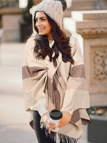 Image of Bestshe Women's Boho Open Front Poncho Plaid Shawl Wrap Cape | Tassel Cardigan Sweater, Cozy Layering, Fall Winter Clothes for Women