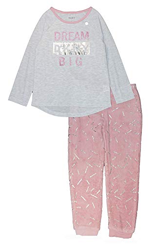 DKNY Big Girls Two-Piece Pajama Set with Plush Fleece Pajama Pant (12, Heather Grey/Pink)