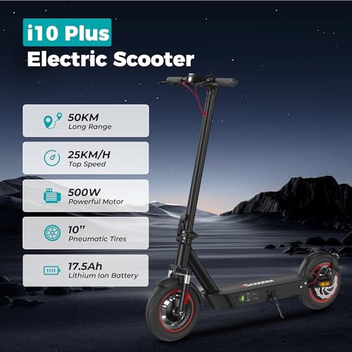 iScooter i10Plus/i10Max Fast Electric Scooter Adults, 50/80 KM Range, Support APP One-click Lock, Dual Suspension, 3 Braking Systems & Turn Signals, 120KG Capacity