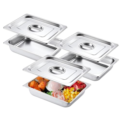 Lot de 3 bols à paner avec couvercle, durables en acier inoxydable, GN 1/2, empilables, pour escalopes, côtelettes de poisson, côtelettes de poulet, panures (32,5 x 26,5 x 6,5 cm)