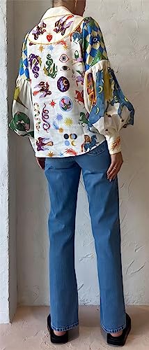 Women's Long Puff Sleeve Lapel Button Graffiti Printed Bodycon Sexy Nightclub Party Blouse Shirts Tops4