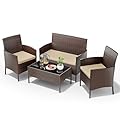 UDPATIO Patio Furniture 4 Pieces Outdoor Wicker Rattan Chair Balcony Conversation Sets Porch Furniture Sectional Loveseat w Cushions and Table for Backyard Pool Garden (Brown-Beige)