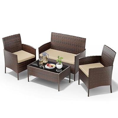 UDPATIO Patio Furniture 4 Pieces Outdoor Wicker Rattan Chair Balcony Conversation Sets Porch Furniture Sectional Loveseat w Cushions and Table for Backyard Pool Garden (Brown-Beige)