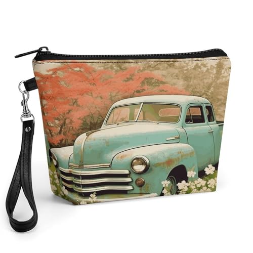 Bolsa de maquillaje de gran capacidad con diseño retro primaveral y asa