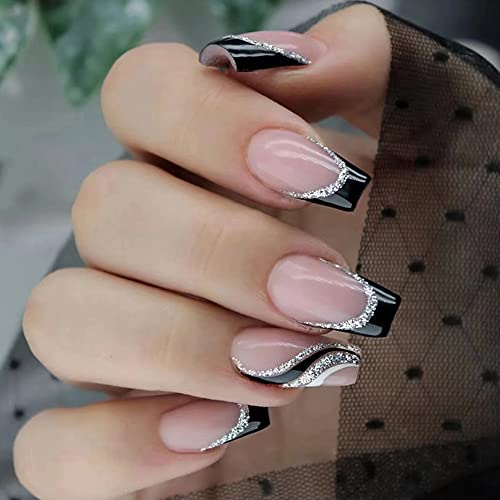 24Pcs French Tip Press On Nails Medium Fake Nails Black Glitter Stick On Nails European And American Stripes Glue On Nails Square Shaped Design Acrylic False Nails For Women Or Girl Manicure #TOP5