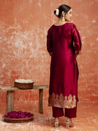 Image of VredeVogel Women's Cotton Silk Blend Zari Work Kurta Pant Set with Jacquard Silk Dupatta | Modern & Traditional Blend Ethnic Wear Set