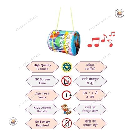 Prapti Mart Plastic Drum Dhol for Kids with 2 Sticks | Activity & Learning Toy | Girls and Boys | Dholak Drum | Perfect for Birthday Gift | Good Product | Multi-Colour | Size Small | Age 6 Month+ - Image 3 thumbnail