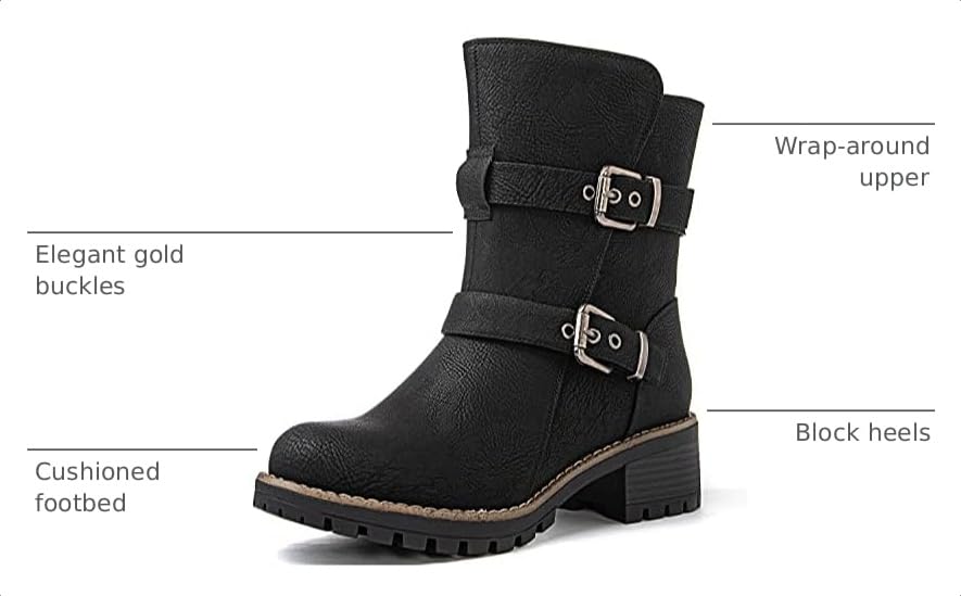 Image of GLOBALWIN Women's Ankle Boots For Women Faux Fur Lined Winter Moto Boots Ankle Booties With Adjustable Double Buckles
