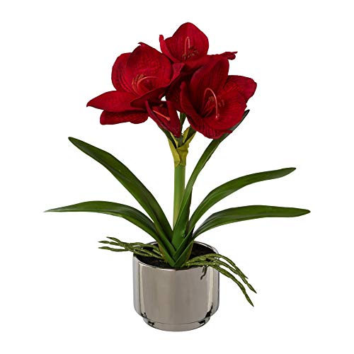 Umělá rostlina pro bydlení Amaryllis, barva tmavě červená, ve stříbrné keramice, výška cca 33 cm