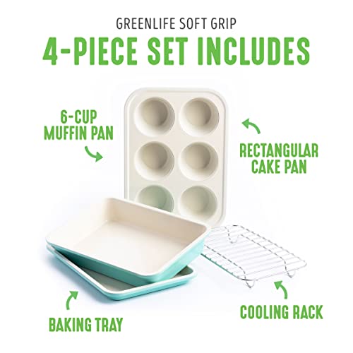 GreenLife Bakeware Set da Forno in Ceramica Antiaderente Mini, 4 Pezzi, Teglia per Muffin da 6 Tazze,Teglia per Torta Rettangolare,Vassoio da Forno,Cestello di Raffreddamento,Senza PFAS,Forno,Turchese - immagine 6
