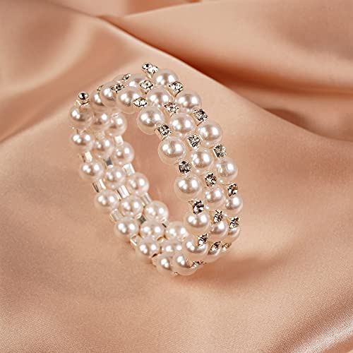 Yertter Dainty Silver 3 Starnd Wedding Layered Strech Open Bangle Bracelet Pearl Rhinestone Cuff Warp Bracelet Women Girls Brides Hand Jewelry (Silver-3 Row) #TOP4