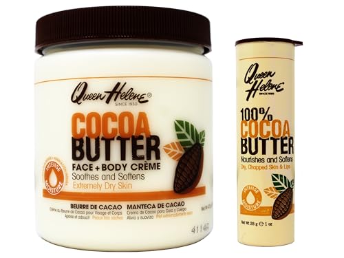 Queen Helene Cocoa Butter Moisturizing Kit, Face + Body Crème 15 oz and 100% Cocoa Butter Lip Balm 1 oz for Dry Skin and Lips
