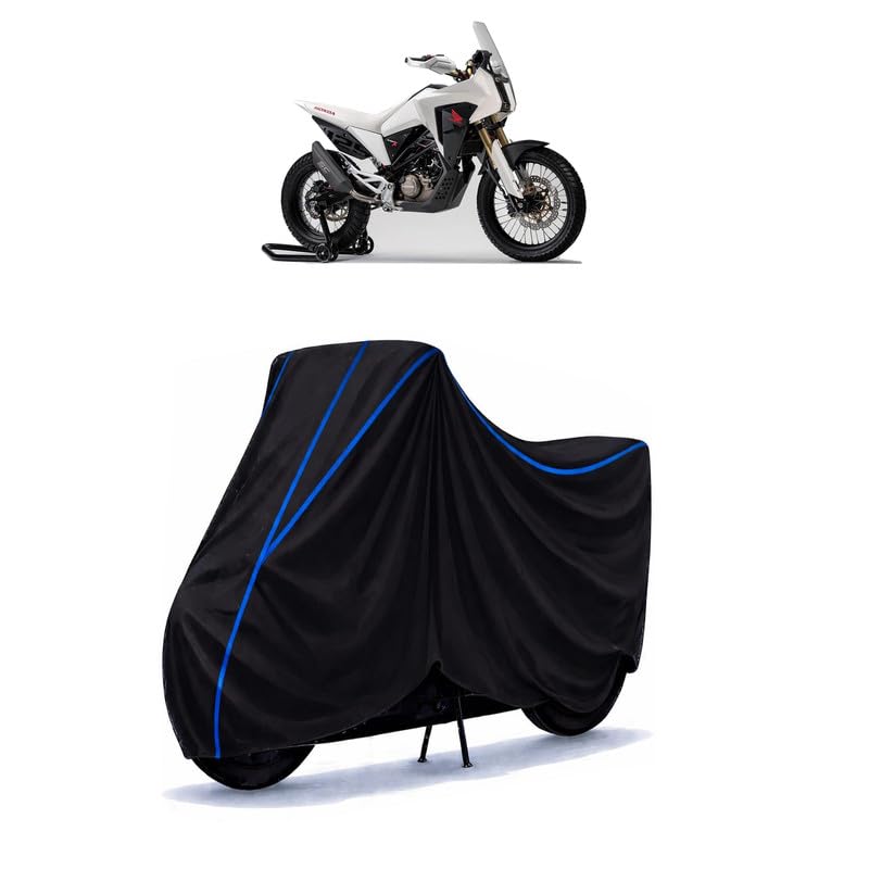 Image of Africa Twin 850 Bike Cover Water Resistant Universal Motorcycle Rain | Heavy Duty UV Protection, Dust, Scratch Indoor Outdoor All Weather with Black Blue Piping Elastic