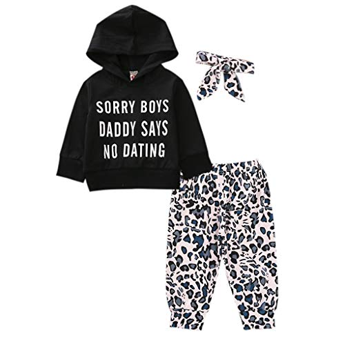 Infant Baby Girls Clothes Daddy Says No Dating Top Leopard Pants+Headband 3Pcs Fall Outfits Set (Black Hoodie Set, 18-24 Months)