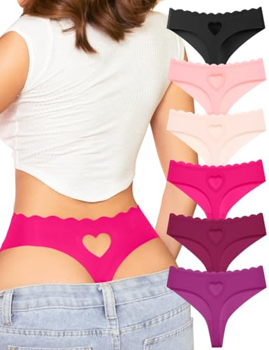 Derisaly Womens Seamless Thongs Underwear No Show Thong Wave-waisted Invisible Panties Comfy Heart Cutout for Ladies 6 Pack (Red 6Pack S)