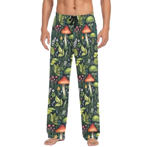 Men's Green Mushroom Flower Pajama Pants with Pockets - Straight Fit Cotton Sleep Bottoms for Lounge & Nightwear#8292