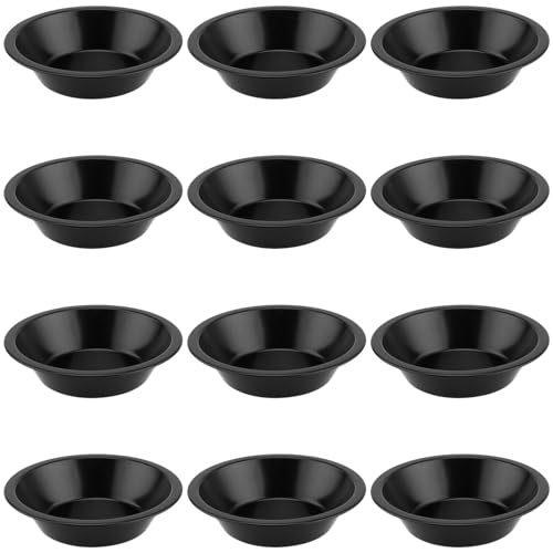 YUENPUN 12 PCS Non Stick Individual Pie Dish, Round Individual Pie Dishes, Black Carbon Steel Pie Pan Individual, Individual Tart Dishes for Baking Quiche, Bread, Cake, Desserts, 12.6 x 8 x 3cm