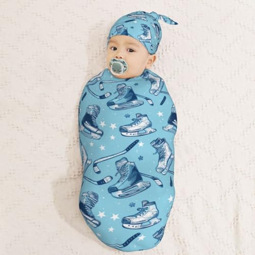 Image of Ice Hockeys Sport Equip Newborn Swaddle Blankets Hat Sets Soft Baby Receiving Blanket Swaddle Sack for Baby Shower Infant Boy Girl Gift