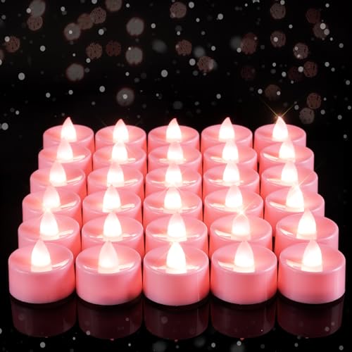 Image of Amagic 30 Pcs Pink Flickering Flameless Tea Lights Battery Operated, 200+ Hours Long Lasting Colored Candle for Wedding, Table Centerpiece, Theme Party, Aniversary, Proposal, Christmas, Pink Base
