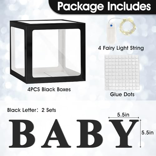 Image of Ledido Baby Boxes with Letters for Baby Shower Decorations, 4 pcs Clear Baby Balloon Boxes Blocks Decor with LED Fairy String Lights for Boy Girl Gender Reveal Decorations Backdrop Party (Black)
