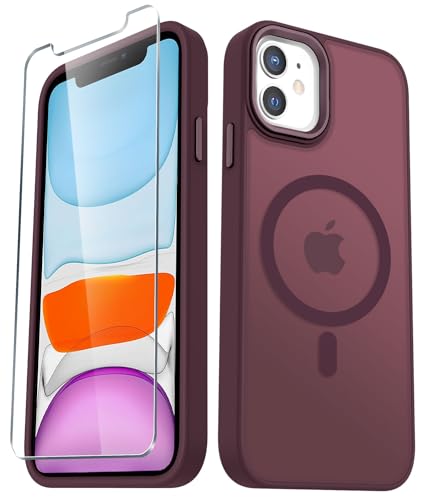 Image of YENAPOON for iPhone 11 Case, Matte Magnetic Phone Case, Wine Red | Fit for Magsafe, Screen Protector Included, Translucent Frosted Slim Shockproof Protective Cover