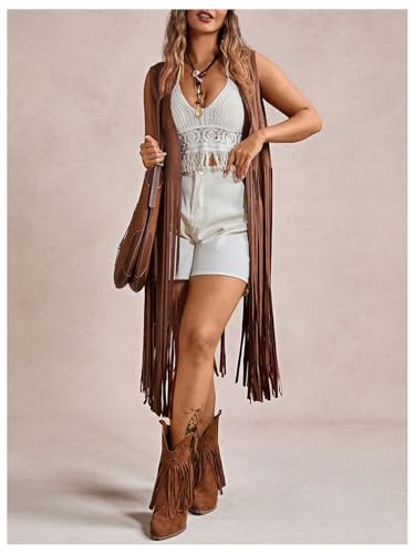 Women's Plus Size Western Fringe Vest Hippie Boho Tassel Suede Cowgirl Sleeveless Jackets 70s Outfits4