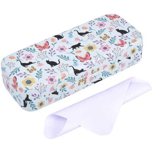 CREATCABIN Glasses Case Hard Shell Eyeglass Case Pu Leather Eyeglass Sunglasses Pouch Holder Box Portable Lightweight Protect, Cat Flower Butterfly