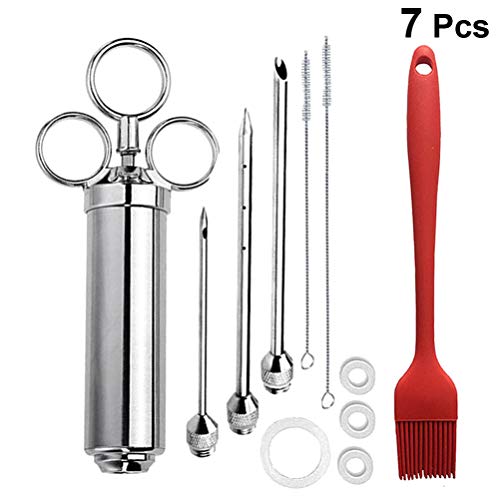 UPKOCH Stainless Steel Meat Injector Flavor Food Seasoning Injector with Marinade needles for BBQ Turkey Chicken (Red Brush)