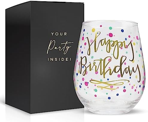 Your Dream Party Shop Happy Birthday 22oz Stemless Wine Glass, Happy Birthday Wine Glass with Gold Print, Perfect Birthday Glass, Happy Birthday Wine Glasses For Women, Birthday Cup