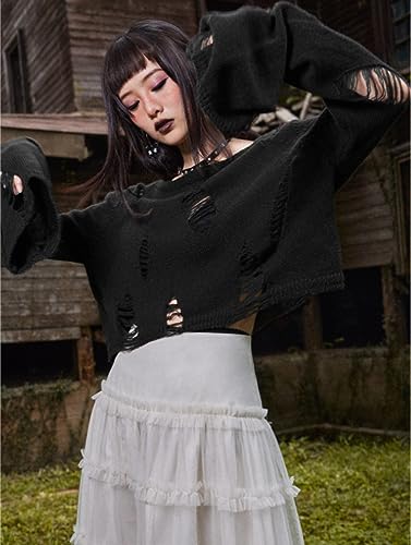 Image of URAWESO Gothic Hollow Sweater Ripped Punk Crochet Tops Distressed Gyaru Y2k Black Knit Pullover with Holes