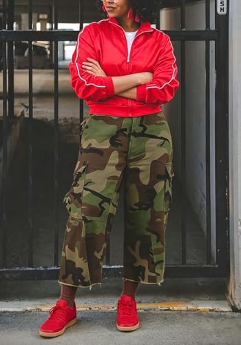 Image of Women's Barrel Camo Pants High Waisted Wide Leg Peated Palazzo Camouflage Capris Baggy Y2k Army Fatigue Trousers