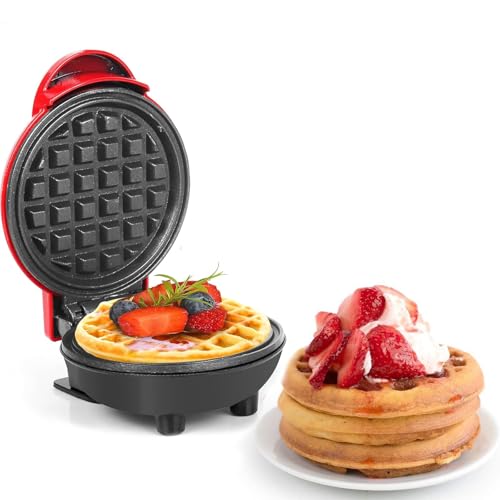 OXNSHEJW Mini Waffle Maker, Non-Stick Waffle Iron Machine Electric Mini Pancake Maker with Ready Indicator, Compact Waffle Maker for Waffles, Sweet Snacks, Desserts, Grilled Cheese, Red