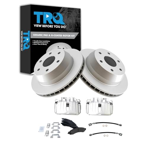 Image of TRQ Rear Brake Pad and Rotor Set Ceramic G Coated Rotors Calipers Compatible with 2002-2006 Cadillac Escalade ESV EXT 2000-2006 Chevrolet Avalanche 1500 Suburban 1500 Tahoe GMC Yukon Yukon XL 1500