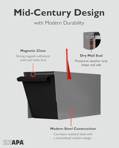 Image of Ilyapa Modern Mailbox for Post Mount - Gray with Black Door Powder Coated Steel, Waterproof Letter Box for Parcels, with Recessed Magnetic Close Door