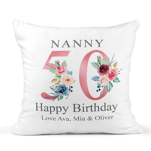 50th Birthday Gift for Women, Personalised Cushion/Pillow with Kids Names and Floral Design, Birthday Gift for Mum, Birthday Gift For Nanny/Grandma, 1971
