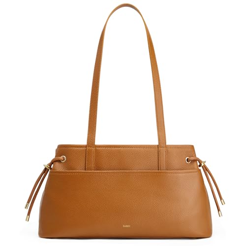 Image of Kattee Premium Leather Shoulder Bag for Women with Drawstring | Top grain pebbled leather with drawstring sides, roomy pockets, and space for a 7.9-inch tablet.