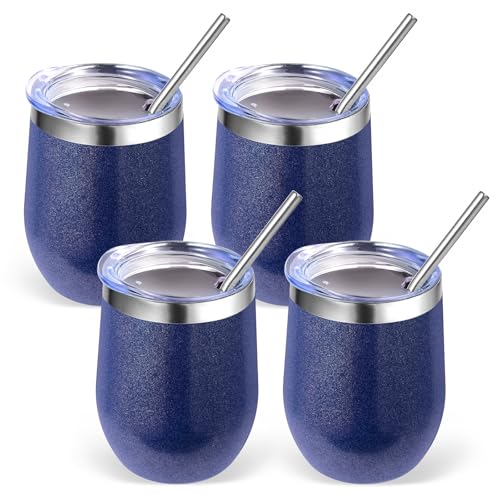 Volhoply 12oz Stainless Steel Wine Tumbler with Lid Bulk 4 Pack,350ml Double Wall Vacuum Stemless Wine Glasses,Metal Travel Coffee Mug with Straw,Insulated Cup Gifts for Women,Christmas（Navy,4 Set）