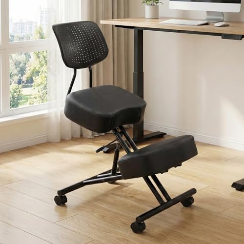 Image of Kneeling Chairs with Backrest PU Leather Ergonomic Home Office Chair Adjustable Height Seat Rolling Wheels Comfort Thick Cushion Work Stool Improve Posture Chair