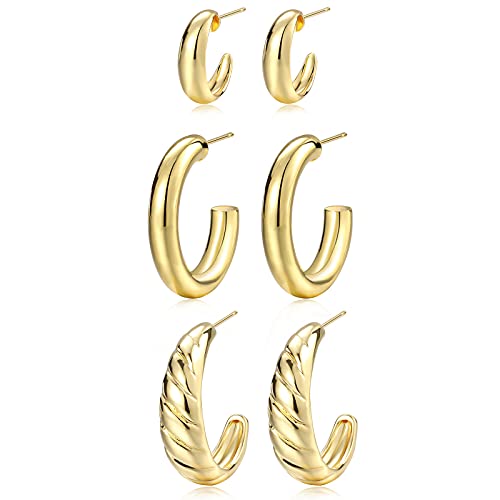 3 Pairs Gold Hoop Earrings for Women, 14K Real Gold Plated Lightweight Chunky Gold Hoops Earrings for Gifts (3 pair hoop open)