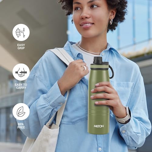 Image of Milton Sparkle 900 Thermosteel Water Bottle with Easy Sip Cap and Handle, 920 ml, Vacuum Insulated Stainless Steel, Hot and Cold, On The Go Bottle for Office College, Military Green
