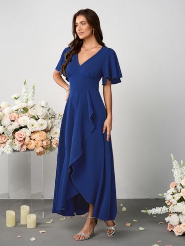 Image of SCOMCHIC Women Wedding Guest Dresses Formal Evening Party Cocktail Short Sleeve V Neck Ruffle Split Flowy Maxi Dress